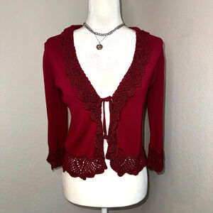 VTG Joseph A Cardigan Sweater Womens S Red Crochet Lace Trim Open Front Coquette